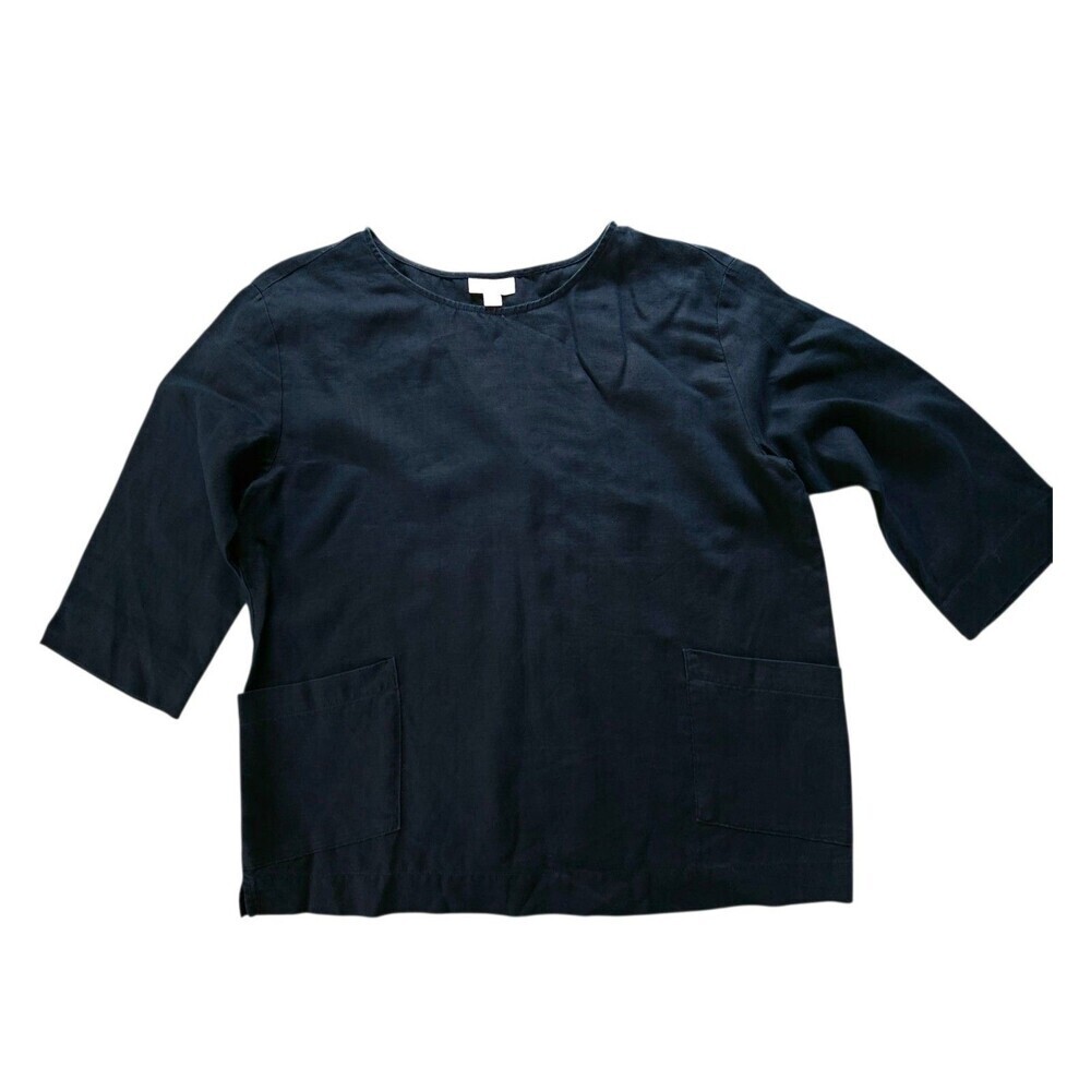 Pure J. Jill Linen Midnight Blue Boxy Top Lagenlook Beachy Small pockets